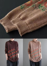 Women Khaki Turtleneck Print Patchwork Knitted Cotton Sweaters Fall