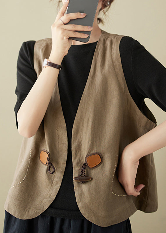 Women Khaki V Neck Horn Button Cotton Vest Sleeveless