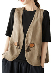 Women Khaki V Neck Horn Button Cotton Vest Sleeveless