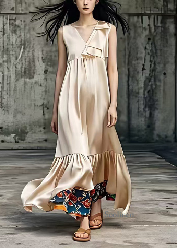 Women Khaki V Neck Patchwork Draping Silk Long Dress Summer