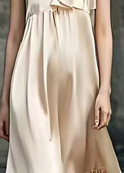 Women Khaki V Neck Patchwork Draping Silk Long Dress Summer