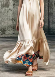 Women Khaki V Neck Patchwork Draping Silk Long Dress Summer