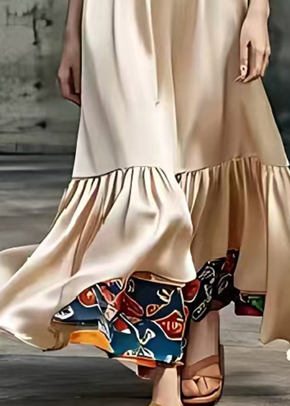 Women Khaki V Neck Patchwork Draping Silk Long Dress Summer