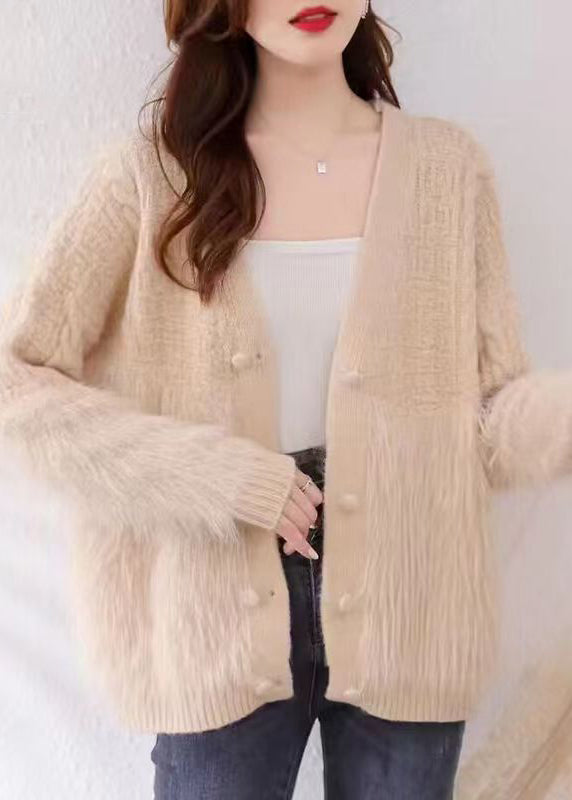 Women Khaki V Neck Patchwork Mink Hair Knitted Cardigan Fall