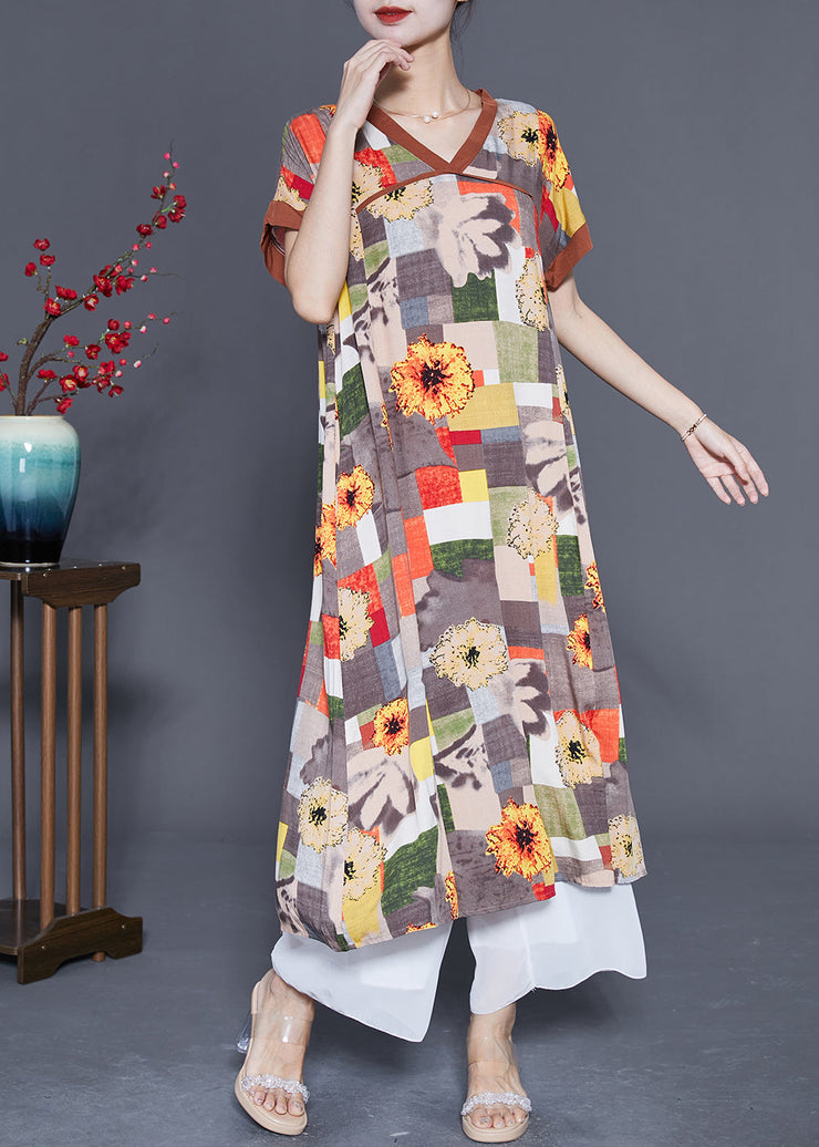 Women Khaki V Neck Patchwork Print Cotton Long Dress Summer