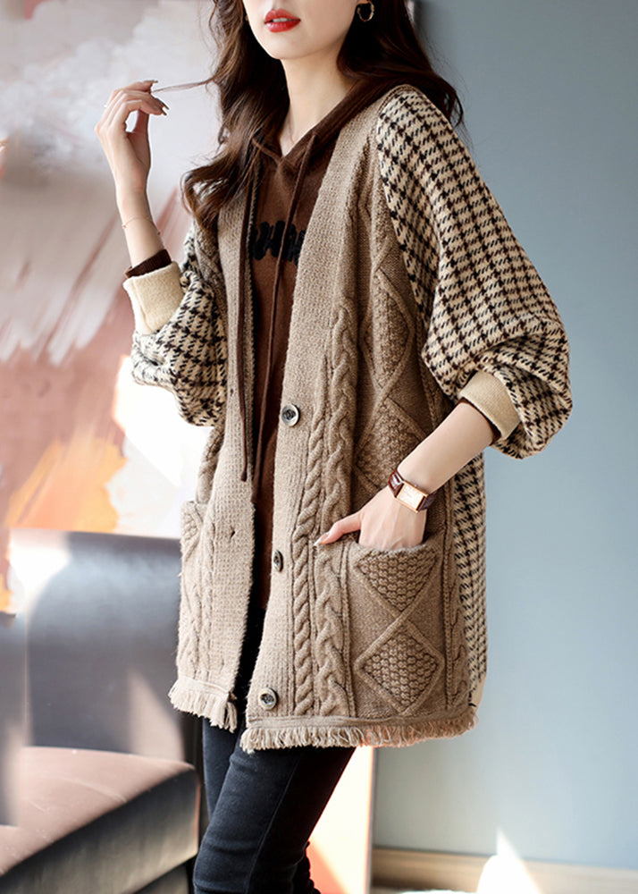 Women Khaki V Neck Plaid Patchwork Tassel Knit Coats Fall