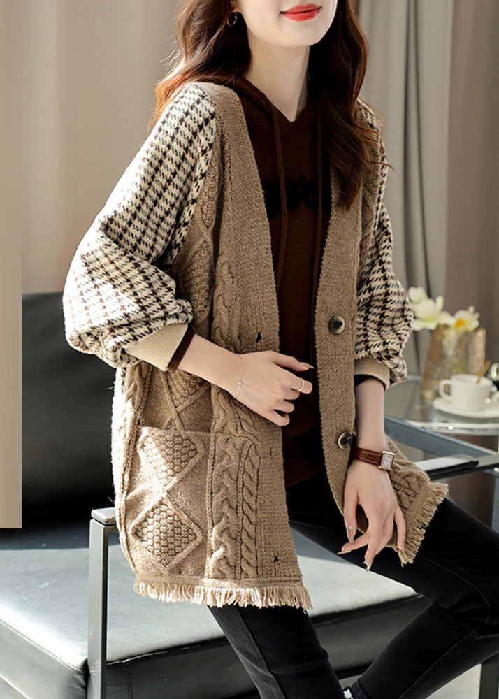 Women Khaki V Neck Plaid Patchwork Tassel Knit Coats Fall