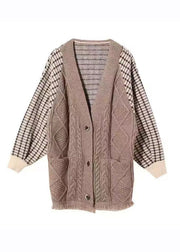 Women Khaki V Neck Plaid Patchwork Tassel Knit Coats Fall