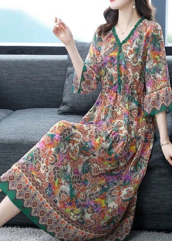 Women Khaki V Neck Ruffled Print Silk Robe Dresses Half Sleeve