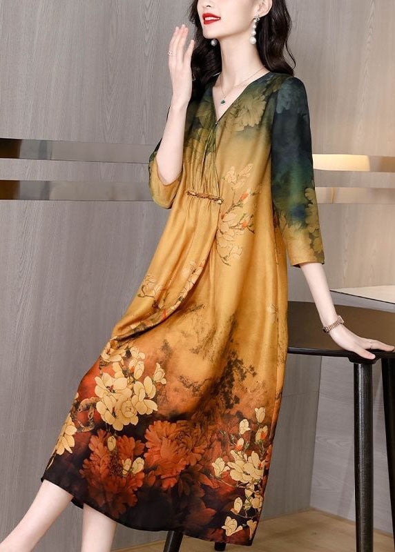 Women Khaki V Neck Tie Dye Print Silk Maxi Dresses Half Sleeve