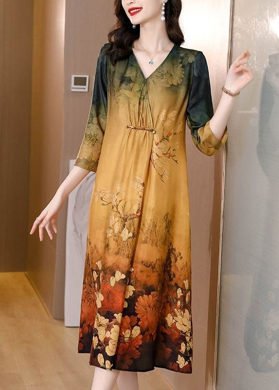 Women Khaki V Neck Tie Dye Print Silk Maxi Dresses Half Sleeve