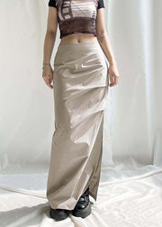 Women Khaki Wrinkled Side Open High Waist Patchwork Cotton Skirts Fall