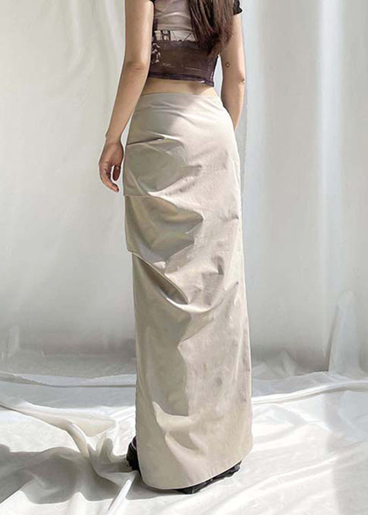 Women Khaki Wrinkled Side Open High Waist Patchwork Cotton Skirts Fall