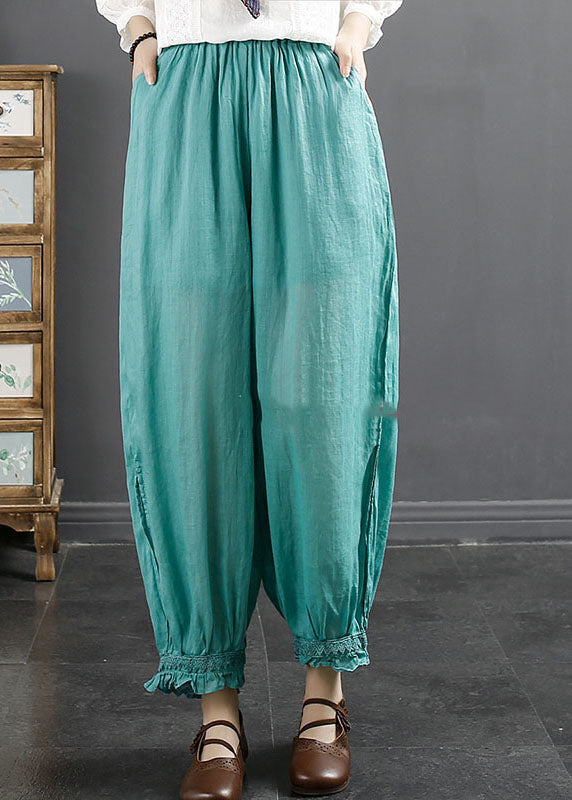 Women Lake Blue Ruffled Patchwork Ramie Harem Pants Summer