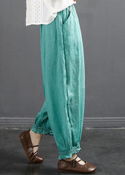 Women Lake Blue Ruffled Patchwork Ramie Harem Pants Summer