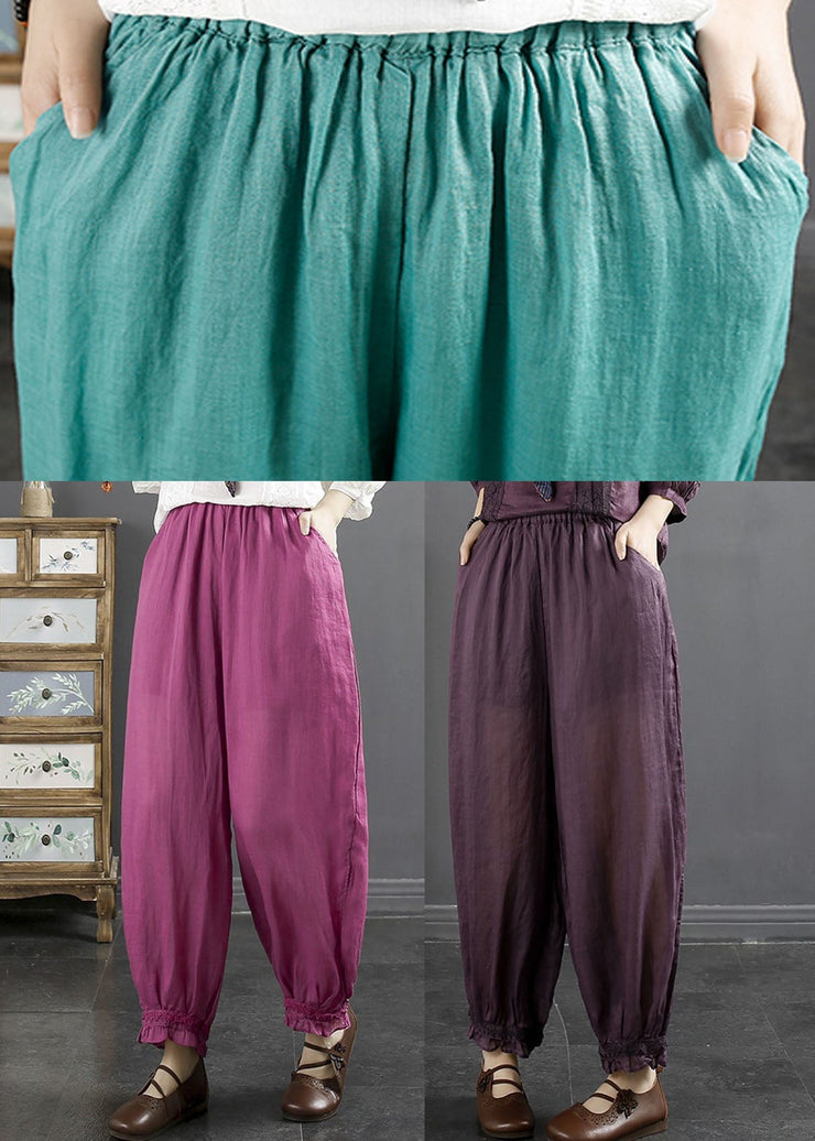 Women Lake Blue Ruffled Patchwork Ramie Harem Pants Summer