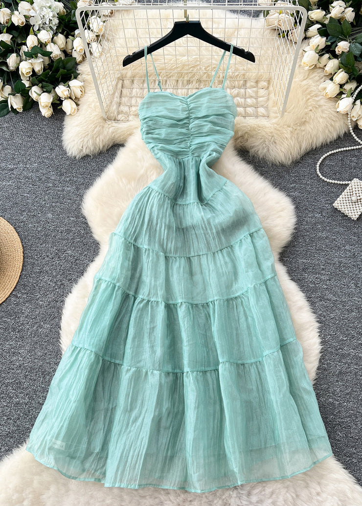 Women Lake Green Wrinkled Chiffon Spaghetti Strap Dress Summer