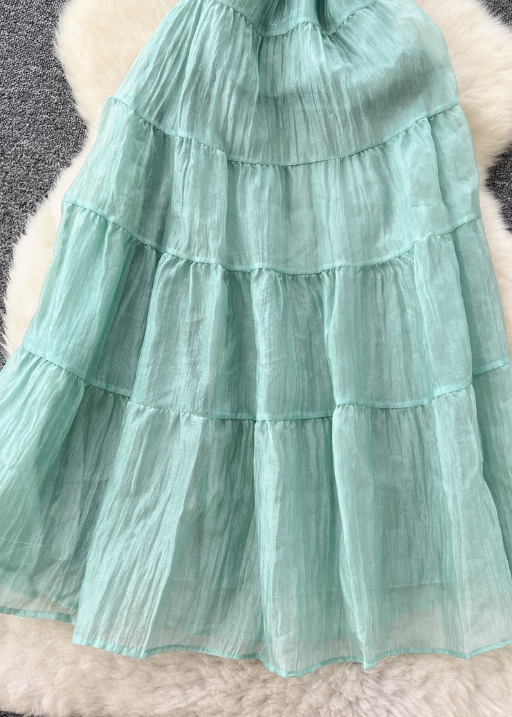 Women Lake Green Wrinkled Chiffon Spaghetti Strap Dress Summer