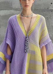 Women Lavender Asymmetrical Patchwork Tulle Knitwear Dress Fall