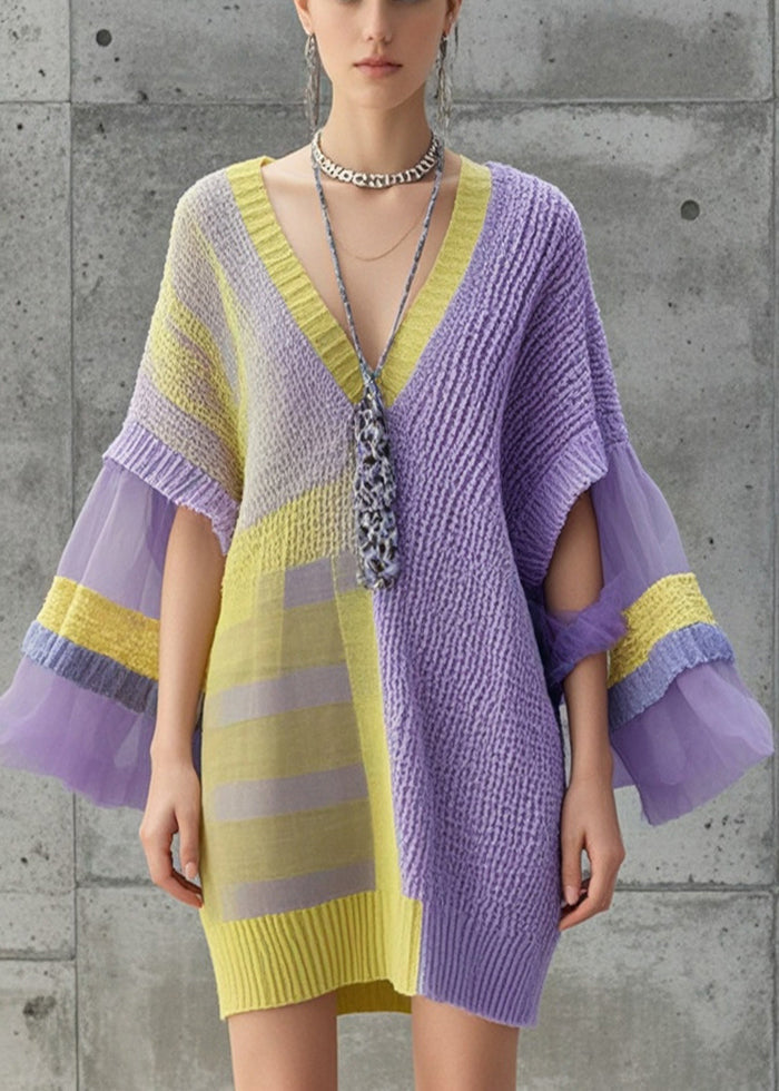 Women Lavender Asymmetrical Patchwork Tulle Knitwear Dress Fall