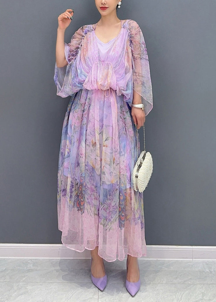 Women Lavender U Neck Print Patchwork Long Dresses Summer