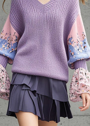 Women Lavender V Neck Patchwork Knit Shirts Flare Sleeve