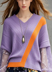 Women Lavender V Neck Patchwork Knit Sweater Tops Fall