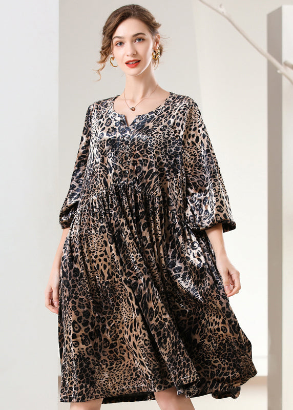 Women Leopard Print Oversized Silk Velour Holiday Dress Spring