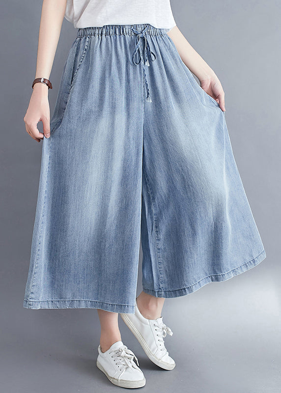 Women Light Blue Elastic Waist Draping Denim Wide Leg Pants Summer