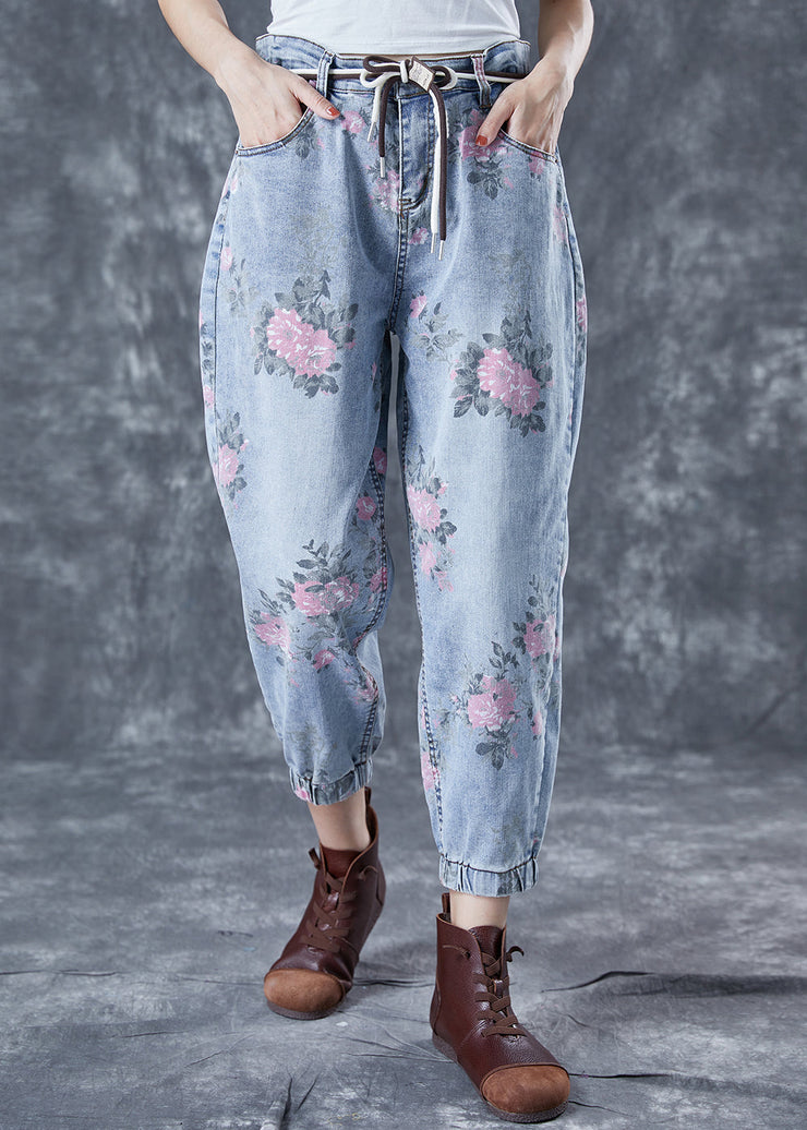 Women Light Blue Elastic Waist Print Denim Harem Pants Summer