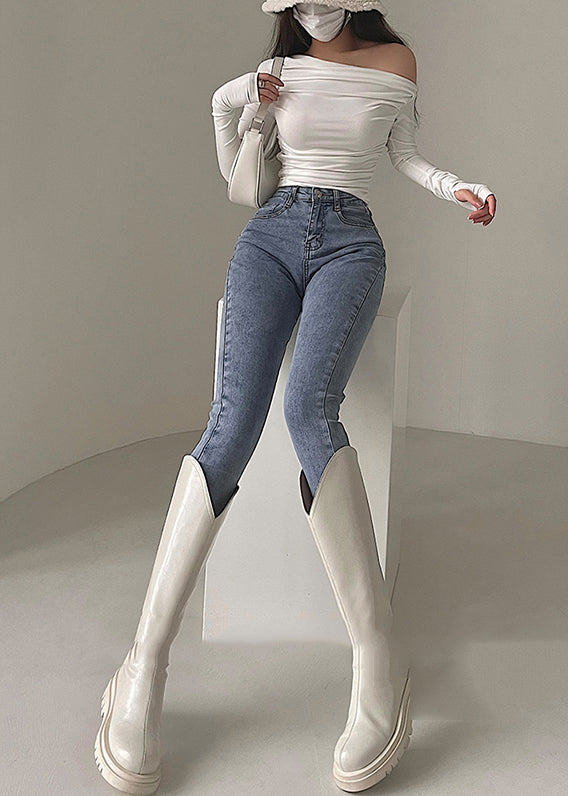 Women Light Blue High Waist Denim Pants Spring