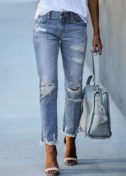 Women Light Blue High Waist Denim Ripped Pants Trousers Summer