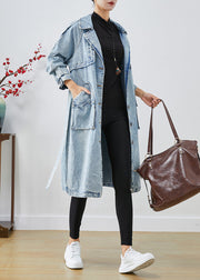 Women Light Blue Lapel Patchwork Denim Trench Coats Fall