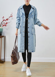 Women Light Blue Lapel Patchwork Denim Trench Coats Fall