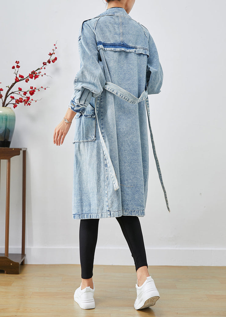 Women Light Blue Lapel Patchwork Denim Trench Coats Fall