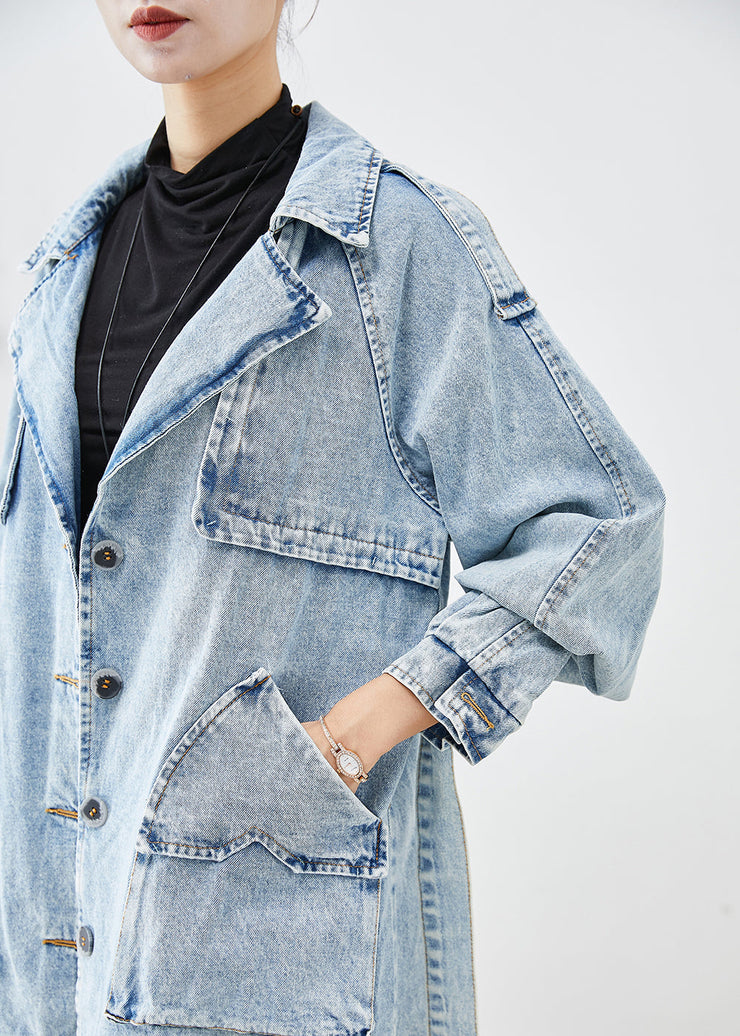 Women Light Blue Lapel Patchwork Denim Trench Coats Fall