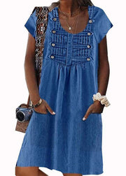 Women Light Blue O Neck Wrinkled Patchwork Denim Dress Summer