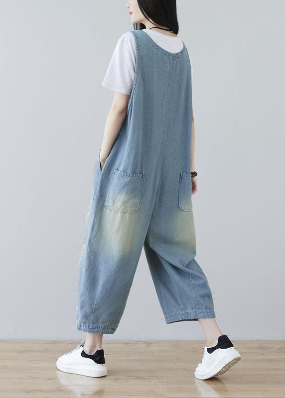 Women Light Blue Oriental Button Ripped Cotton Denim Jumpsuit Spring