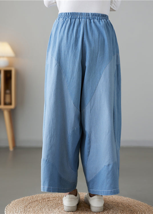 Women Light Blue Pockets Elastic Waist Denim Wide Leg Pants Fall