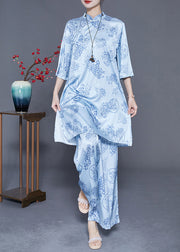 Women Light Blue Print Draping Chinese Style Silk Two Pieces Set Summer