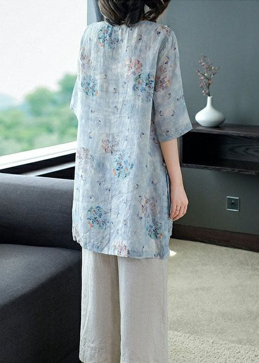 Women Light Blue Print Patchwork Linen Two Pieces Set Summer