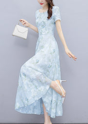 Women Light Blue Print Silm Fit Chiffon Long Dresses Summer