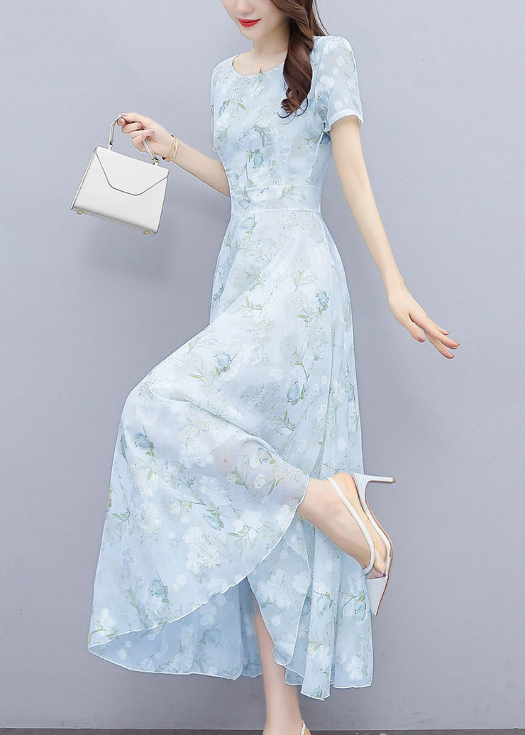 Women Light Blue Print Silm Fit Chiffon Long Dresses Summer