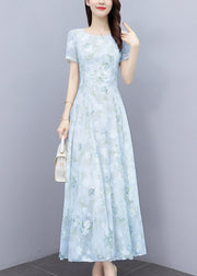 Women Light Blue Print Silm Fit Chiffon Long Dresses Summer