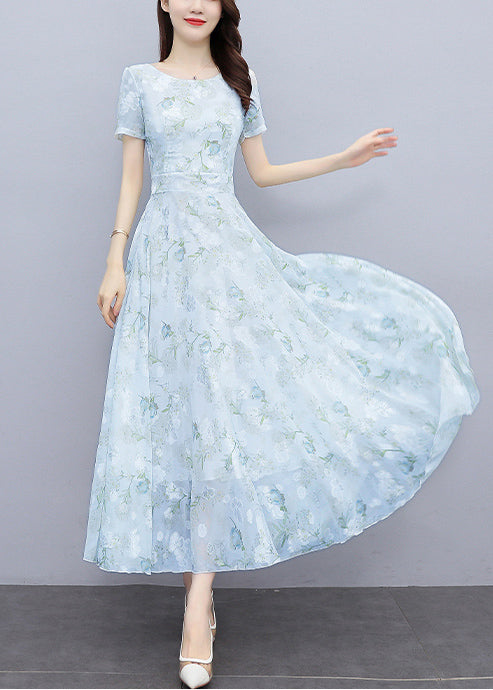 Women Light Blue Print Silm Fit Chiffon Long Dresses Summer