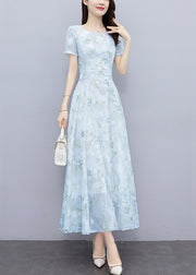 Women Light Blue Print Silm Fit Chiffon Long Dresses Summer