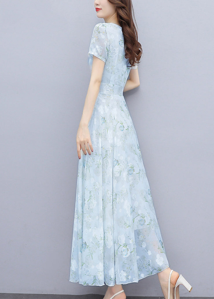 Women Light Blue Print Silm Fit Chiffon Long Dresses Summer