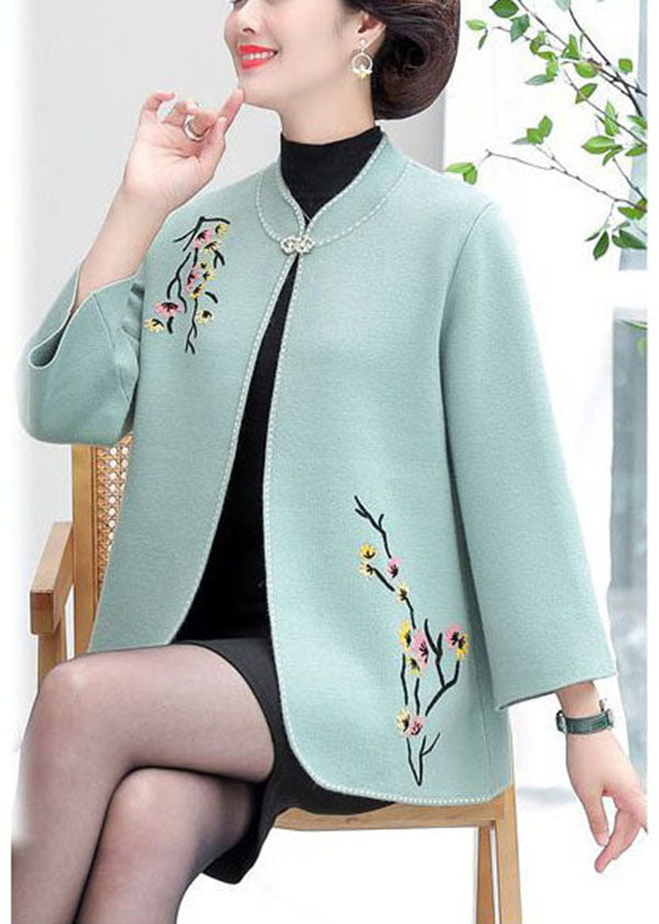 Women Light Blue Stand Collar Embroideried Woolen Cardigans Long Sleeve