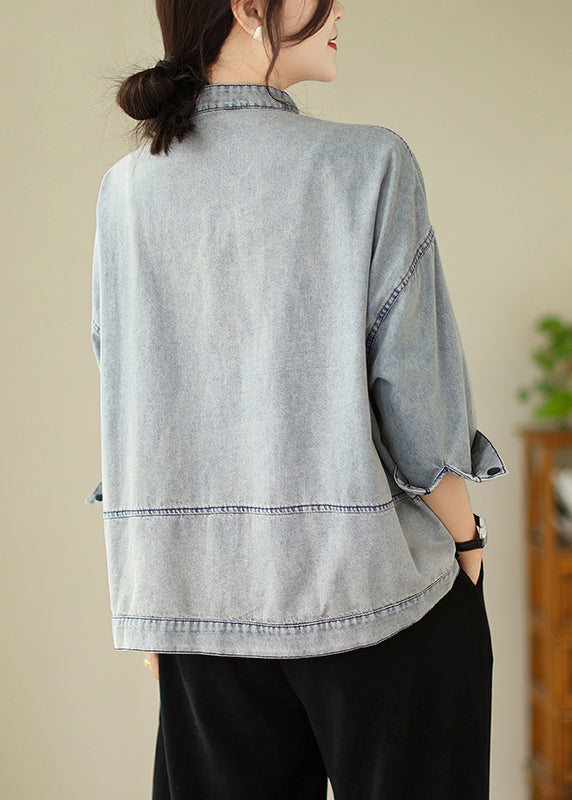 Women Light Blue Stand Collar Pockets Denim Jackets Spring