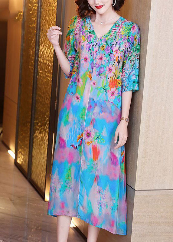 Women Light Blue V Neck Patchwork Print Silk Maxi Dresses Half Sleeve